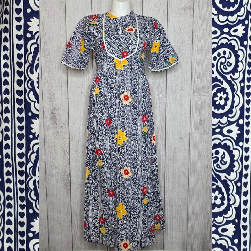 Vintage 70s Mr B of California Cotton Maxi Dress Blue Bandana Floral Print, sz L